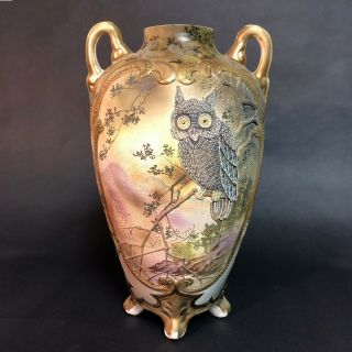 Antique Nippon Moriage Owl Vase Hand - Painted With Deep Textured Finish,  Huge 12 "
