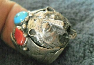 Southwestern Native American Turquoise Coral Sterling Silver Bear Ring Size 8
