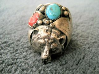 Southwestern Native American Turquoise Coral Sterling Silver Bear Ring Size 8 2