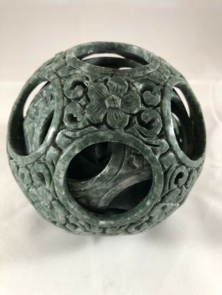Chinese Carved Green Jade Stone Dragon Puzzle Ball 7 Layers Floral Pattern 5 "