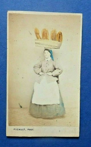 Antique French Hand Coloured Photo Cdv - " Bringing Bread From Bakers " - C1870 - 90