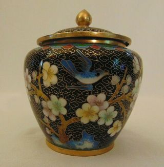 Vintage Chinese Cloisonne Ginger Jar With Lid Blue Bird Floral Asian Design