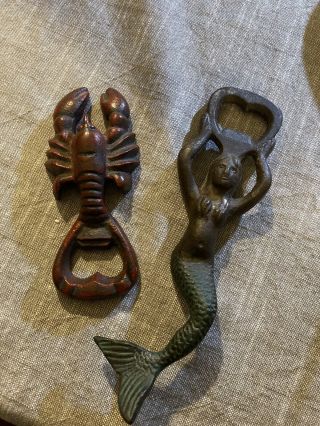 Pottery Barn Caste Iron Mermaid & Lobster Bottle Openers