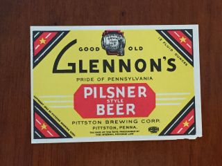 Glennons Irtp Nos Beer Label.  1940’s
