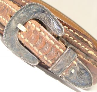 Old Sterling Silver 3 Piece Ranger Set Buckle Loop Tip 46” Tooled Leather Belt