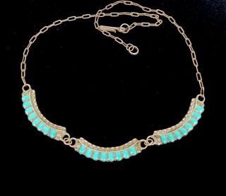 Vintage Signed Zuni Turquoise Gemstone Necklace 16.  5”