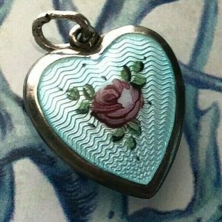 Vintage Sterling Silver Puffy Heart Charm Turquoise Blue Guilloche Enamel " Dad "