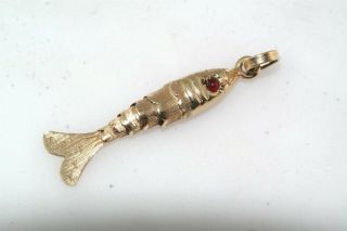 Vintage 14k Yellow Gold Jointed Fish Charm Pendant Ruby Eye