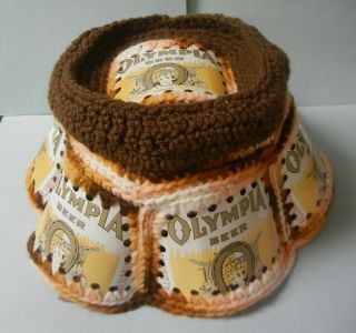 Olympia Crocheted Beer Can Hat/visor,  Brown/orange/white Yarn,  Beer Can Labels