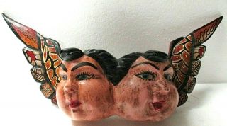 Mexican Folk Art Colonial Carved Wood Wing Angel Boy Fat Cheek Cacheton Double