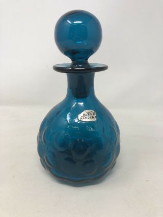 Vintage Blue Blenko Glass Decanter With Stopper And Circular Bump Pattern