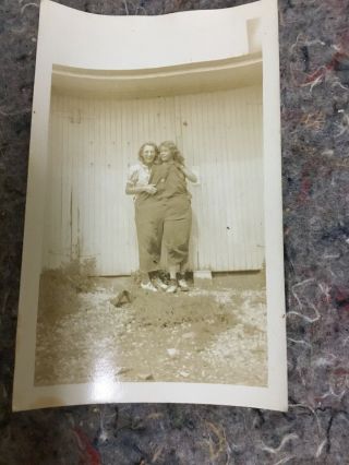 Early Silly Snapshot Photo Of Two Women In One Overalls