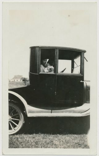Baby & Woman In 1921 Ford Model T Car Window Vtg 20 