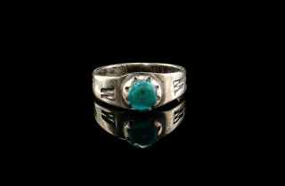Early Navajo Ingot Silver Ring W Cerrillos Turquoise Serrated Bezel Size 4 1/2