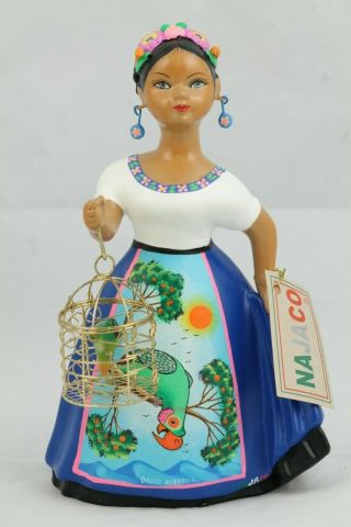 Lupita Najaco Ceramic Doll Figurine Mexico Folk Art Cage Parrot Royal Blue