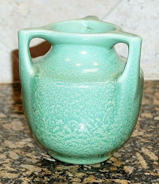 Vtg Art Deco Haegar Pottery 3 Handle Vase Geranium Matte Green Glaze Teco Style