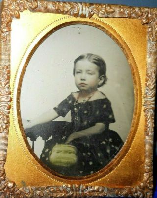 1/9th Size Ambrotype Of Young Girl With Purse In Brass Mat/frame