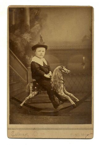 1870 Cabinet Card Of Young Boy On A Rocking Horse Id As Henry Jacobs By Cathcart