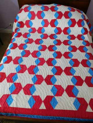 Vintage Quilt Hand Pieced,  Hand Quilted.  Red,  White And Blue