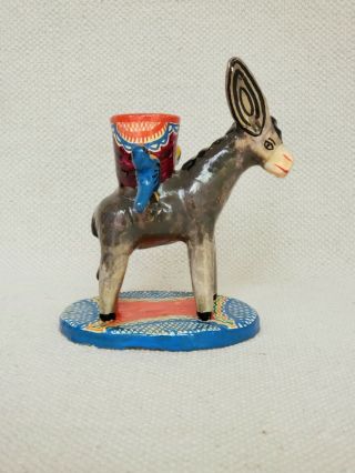Vintage Mexican Folk Art Donkey Candle Holder Pottery Mexico Animal Tree of Life 2