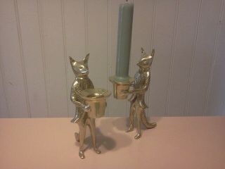 Set Of 2 Vintage Brass Fox Candle Holder Figurine