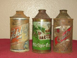 3 Different Cone Top Beer Cans.  Schlitz Old Style Lager Ortlieb 