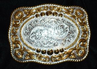 Vintage Heavy Silver Plate Western Belt Buckle By Crumrine Made In Usa