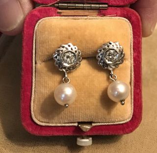 Pair Vintage 14k White Gold Pearl Diamond Earrings 3.  7 Grams