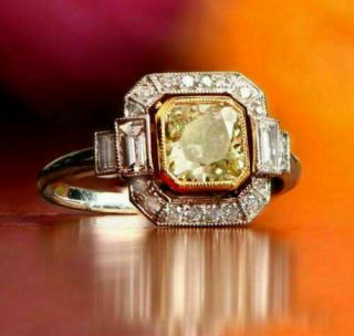 Vintage Art Deco Engagement Wedding Ring 2 Ct Yellow Diamond 14k White Gold Over