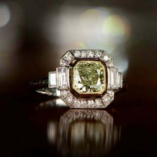 Vintage Art Deco Engagement Wedding Ring 2 Ct Yellow Diamond 14K White Gold Over 2