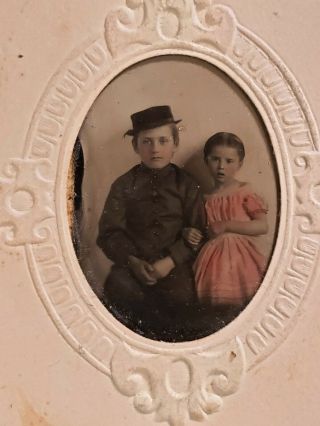Antique Tintype Photo Portrait Two Small Children Boy & Girl With Pink Dress