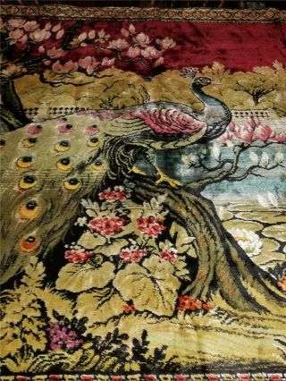 Vintage Bohemian LARGE 48X71 PEACOCK Velvet Tapestry Wall Hanging Made Italy 3