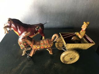 Vintage Marx Donkey Cart Tin Metal Litho Wind Up Toy And 1938 Mar Bull