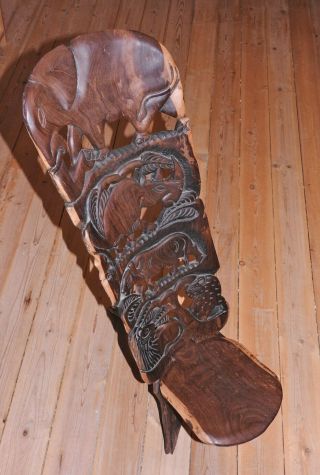 Hand Carved Wood African Birthing Chair With Wild Animal Motifs