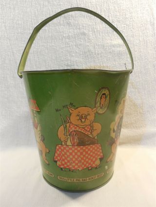 Vintage 1930s/40s Tc Usa This Little Pig Nursery Rhyme Large Metal Sand Pail Toy