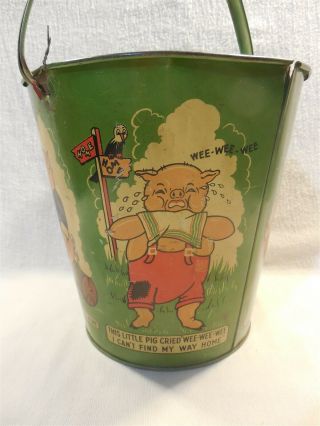 Vintage 1930s/40s TC USA This Little Pig Nursery Rhyme Large Metal Sand Pail Toy 3