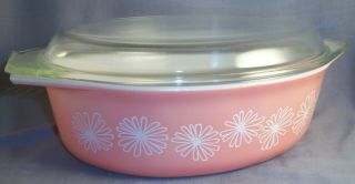 Vintage Pyrex Pink White Daisy 045 Oval Casserole Baking Dish With Lid 2 1/2 Qt