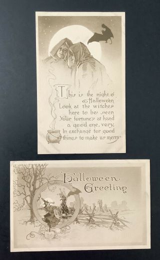 Vintage Gibson Halloween Postcards (2) " This Is The Night.  " Witches,  Bats,  Fence