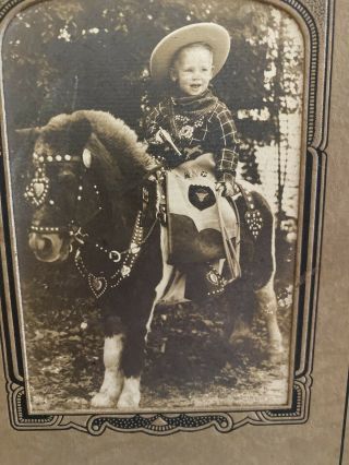 Vintage 1940s Little Cowboy w Toy Pistol on Horse Shetland Pony Photo 2