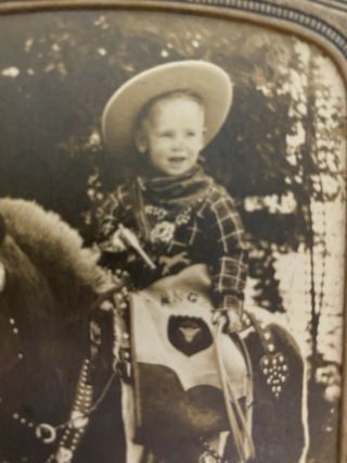 Vintage 1940s Little Cowboy w Toy Pistol on Horse Shetland Pony Photo 4