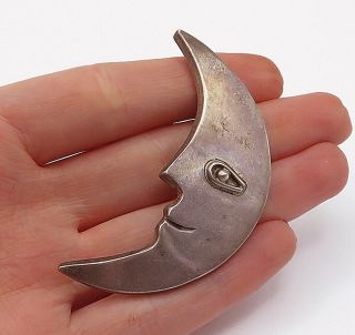 Mexico 925 Silver - Vintage Smiling Crescent Moon Face Brooch Pin - Bp4842