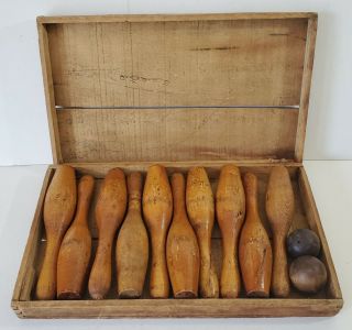 Vintage Toy 10 Pin Bowling Set,  8 Inch,  With Homemade Case,  All Wood.  Playable