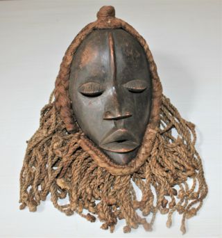 Hand Carved African Tribe Wooden And Hemp Mask - Congo - Hemba