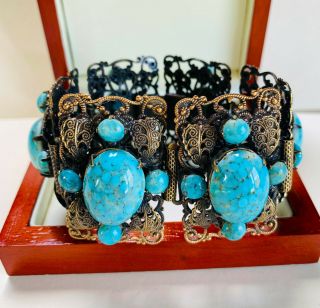 Vintage Jewellery Stunning Czech Art Deco Turquoise Filigree Bracelet