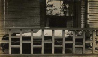 Vintage Photo Snapshot Sleeping Woman On Porch Bed Swing Behind Railing 1910s