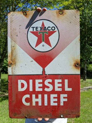 Large Vintage 1962 Texaco Diesel Chief Porcelain Enamel Fuel Pump Gasoline Oil