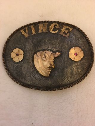 Sterling Silver Cowboy Buckle With VINCE.  Angus Bull Head In Center With Rubies 2