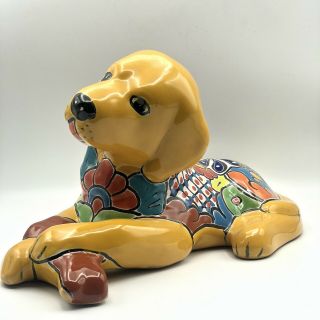 Talavera Dog With Bone Lying Down Handmade Mexican Pottery 14”