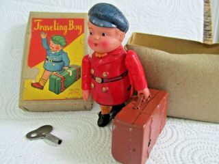 Vintage 1940s Alps Occupied Japan Celluloid & Tin Traveling Boy Wind Up Toy &box