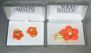 Vintage Signed Nolan Miller Faux Coral Rhinestone Flower Brooch And Earring Set